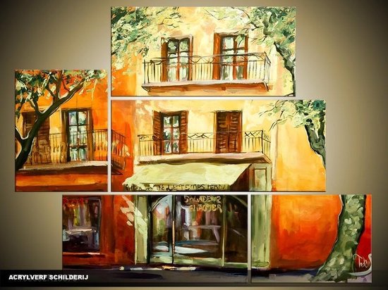 Schilderij -  Modern - Oranje, Geel, Groen - 150x70cm 5Luik - GroepArt - Handgeschilderd Schilderij - Canvas Schilderij - Wanddecoratie - Woonkamer - Slaapkamer - Geschilderd Door Onze Kunstenaars 2000+Collectie Maatwerk Mogelijk