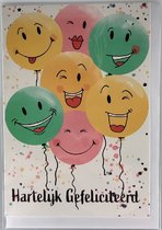 Hartelijk gefeliciteerd met je verjaardag! Een ontzettend leuke kaart met ballonnen waar vrolijke smileys in staan! Een leuke kaart om zo te geven of om bij een cadeau te voegen. Een dubbele wenskaart inclusief envelop en in folie verpakt.