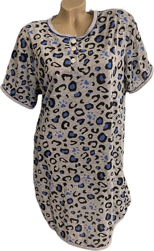 Dames nachthemd korte mouw 6508 met dierenprint M grijs/zwart/blauw