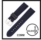 22mm Rubber Siliconen horlogeband zwart met blauwe stiksels passend op o.a Casio Seiko Citizen en alle andere merken - 22 mm Bandje - Horlogebandje horlogeband