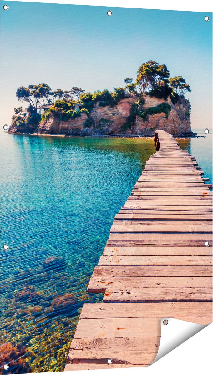 Gards Tuinposter Pad op het Water naar een Grieks Eiland - 80x120 cm - Tuindoek - Tuindecoratie - Wanddecoratie buiten - Tuinschilderij Multikleur