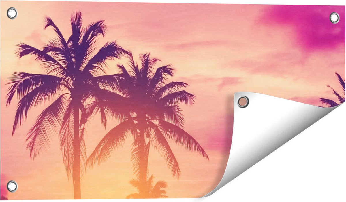 Gards Tuinposter Tropische Palmbomen met Zonsondergang - 60x30 cm - Tuindoek - Tuindecoratie - Wanddecoratie buiten - Tuinschilderij Multikleur