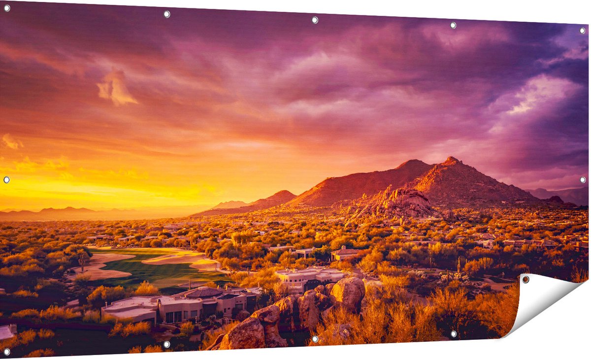 Gards Tuinposter Woestijn Landschap met Zonsondergang - 180x90 cm - Tuindoek - Tuindecoratie - Wanddecoratie buiten - Tuinschilderij Multikleur