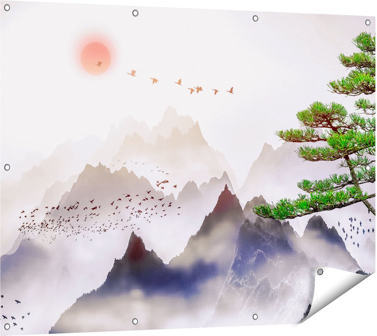 Gards Tuinposter Bergenlandschap met een Boom - Abstract - 120x90 cm - Tuindoek - Tuindecoratie - Wanddecoratie buiten - Tuinschilderij Multikleur