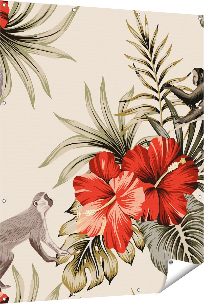 Gards Tuinposter Tropische Bloemen met Apen Achtergrond - 120x150 cm - Tuindoek - Tuindecoratie - Wanddecoratie buiten - Tuinschilderij Multikleur