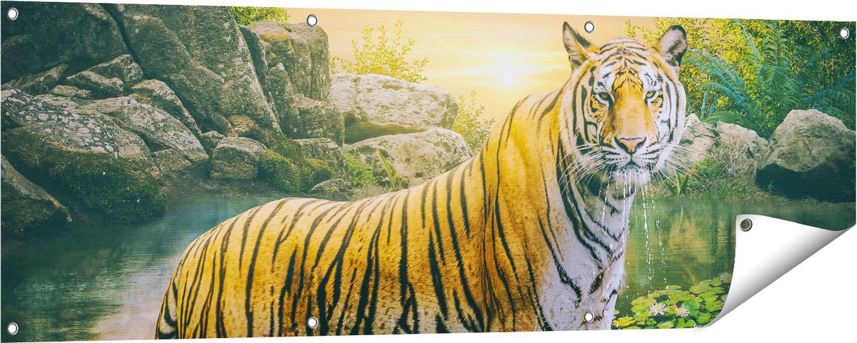 Gards Tuinposter Luipaard in een Vijver bij Zonsondergang - 150x50 cm - Tuindoek - Tuindecoratie - Wanddecoratie buiten - Tuinschilderij Multikleur