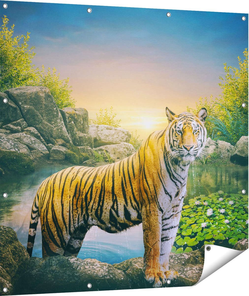 Gards Tuinposter Luipaard in een Vijver bij Zonsondergang - 110x110 cm - Tuindoek - Tuindecoratie - Wanddecoratie buiten - Tuinschilderij Multikleur