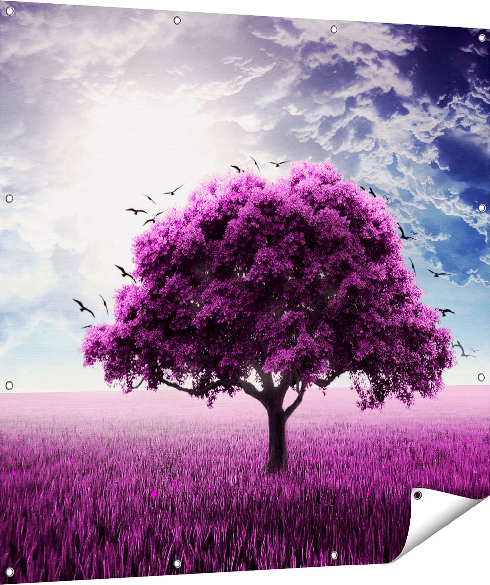 Gards Tuinposter Paarse Boom in het Paars Veld met Vogels - 120x120 cm - Tuindoek - Tuindecoratie - Wanddecoratie buiten - Tuinschilderij Multikleur