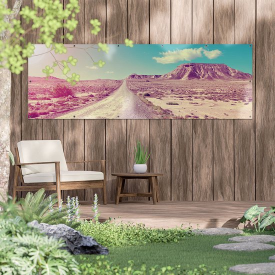 Gars Poster jardin Chemin dans le désert Paysage avec le soleil - 210x70 cm - Toile jardin - Décoration de jardin - Décoration murale extérieur - Tableau jardin