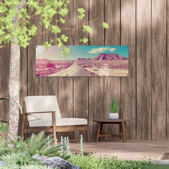Gards Tuinposter Pad in het Woestijn Landschap met de Zon - 120x40 cm - Tuindoek - Tuindecoratie - Wanddecoratie buiten - Tuinschilderij