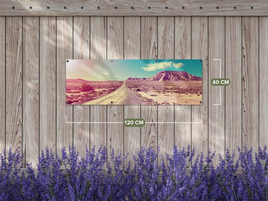 Gards Tuinposter Pad in het Woestijn Landschap met de Zon - 120x40 cm - Tuindoek - Tuindecoratie - Wanddecoratie buiten - Tuinschilderij