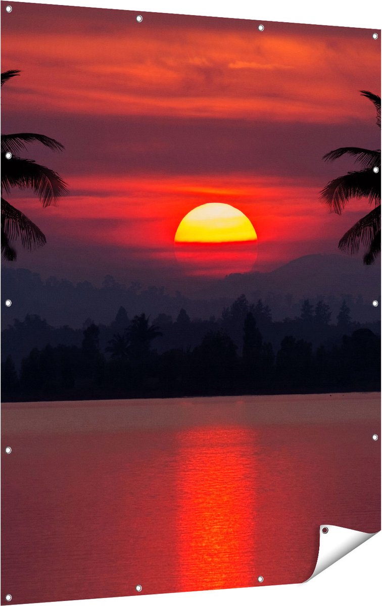 Gards Tuinposter Zonsondergang op het Strand met Palmbomen - 120x160 cm - Tuindoek - Tuindecoratie - Wanddecoratie buiten - Tuinschilderij Multikleur