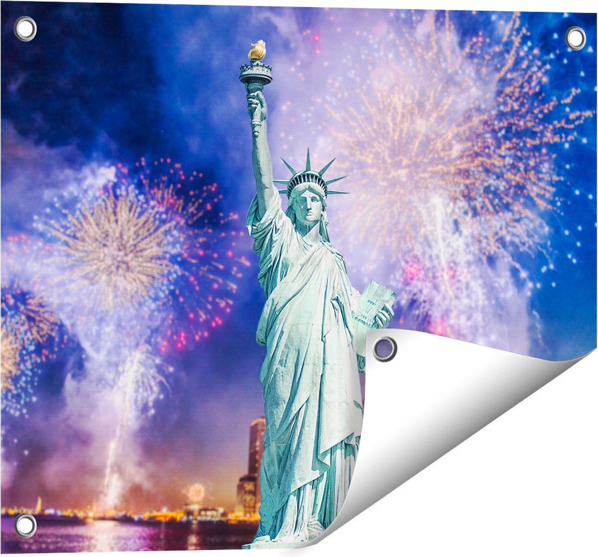 Gards Tuinposter Vrijheidsbeeld in New York met Vuurwerk - 50x40 cm - Tuindoek - Tuindecoratie - Wanddecoratie buiten - Tuinschilderij Multikleur