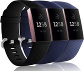 YONO Siliconen Bandjes voor Fitbit Charge 3 en 4 – Zwart, Grijs en Blauw 3-Pack – Large