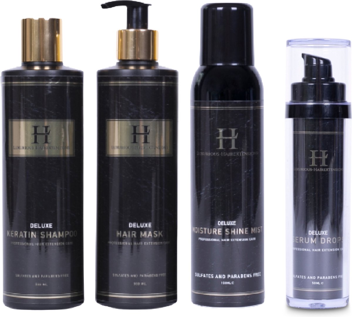 Deluxe 4-Pack Package Deal Shampoo + Mask + Serum Drops + Shine Mist - Luxurious-Hairextensions - Haarverzorging - Shampoo - Mask - Serum Drops - Sulfaat en Parabenen vrij - Ook geschikt voor eigen haar