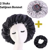 2 STUKS Satijnen Bonnet + Scrunchie - Satijnen Slaapmuts - Bonnet voor Krullen - Haar Bonnet - Hair Bonnet - Satin Bonnet - Afro - Unisex - Zwart -Black
