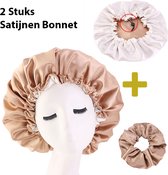 2 STUKS Satijnen Bonnet + Scrunchie - Satijnen Slaapmuts - Bonnet voor Krullen - Haar Bonnet - Hair Bonnet - Satin Bonnet - Afro - Unisex - Kaki