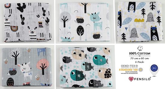 Hydrofiele Doeken - Hydrofiele Luiers - 70 x 80 cm - 10 pack - Grijs - Unisex- Dieren - Standard 100 by Oeko-tex® — afbeelding 5