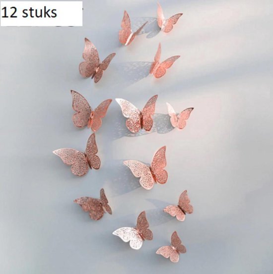 Knaak 3D Rosé Gouden Vlinders Muurstickers - Muurvlinders - Verschillende Afmetingen - Rosé Gouden Vlinders - 12 Stuks