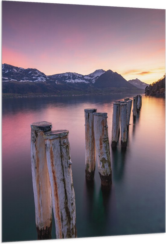 Vlag - Houten Palen in het Meer van Berggebied tijdens Zonsondergang met Paarse Gloed - 100x150 cm Foto op Polyester Vlag