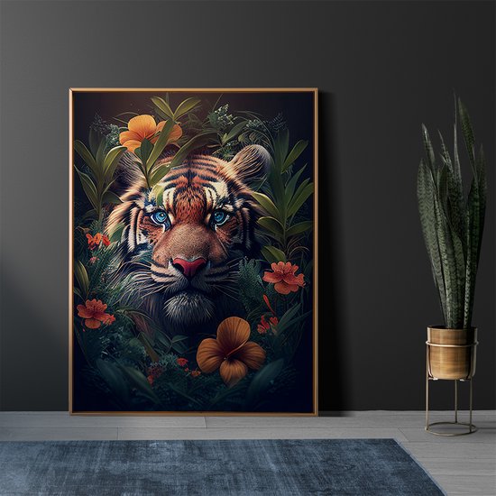 AI - Woondecoratie - Poster - Dieren - Tijger - Bloemen en jungle - 4 - 70 x 100 cm
