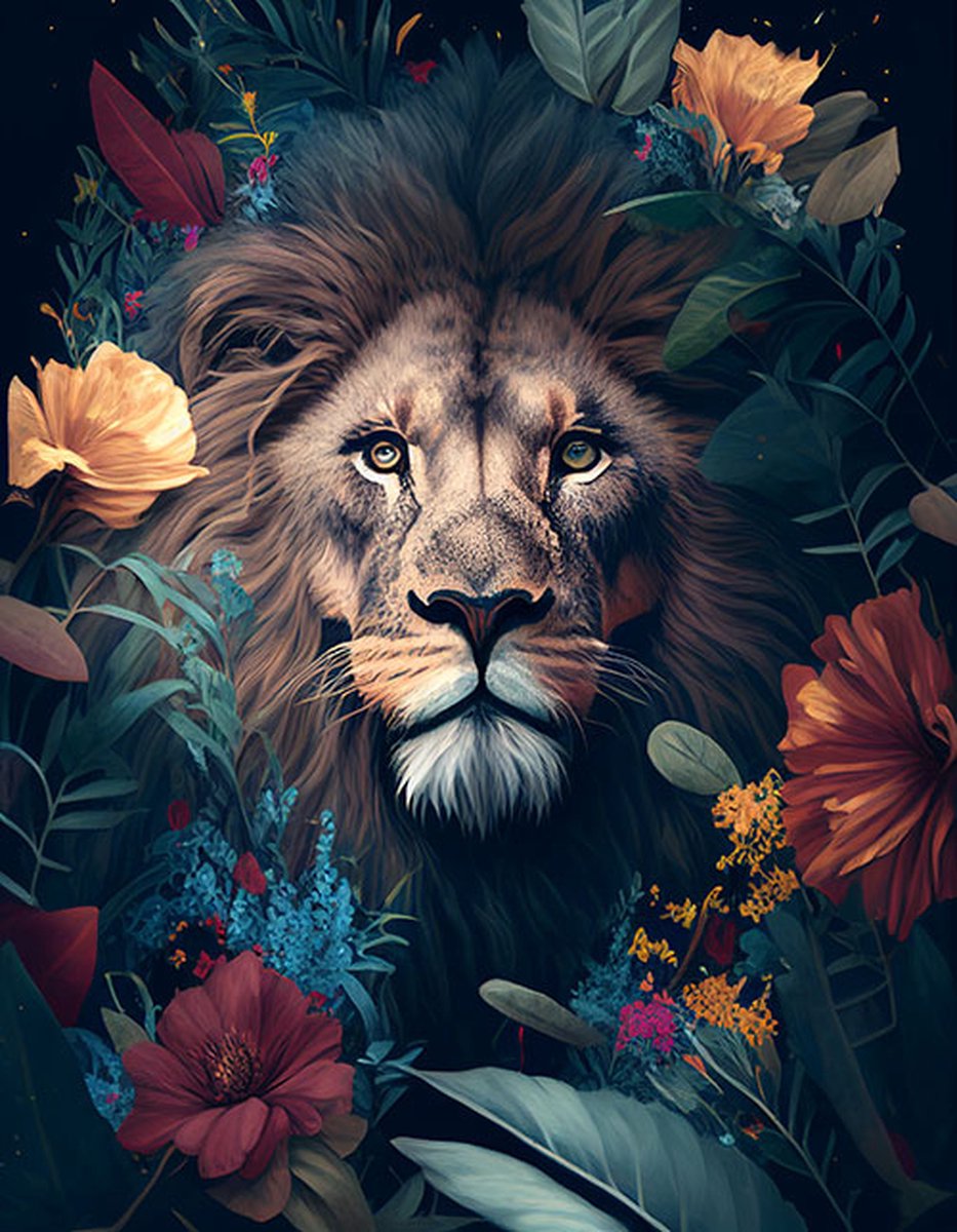 AI - Woondecoratie - Poster - Dieren - Leeuw - Bloemen en jungle - 5 - 40 x 50 cm