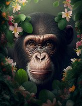 AI - Woondecoratie - Poster - Dieren - Aap - Bloemen en jungle - 1 - 60 x 80 cm