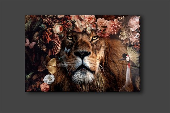 lion with flowers plexiglas schilderij 90x60cm