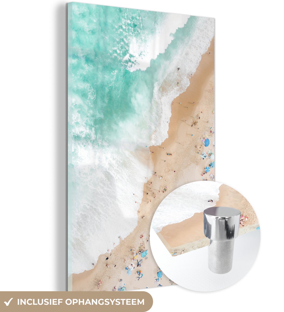 MuchoWow® Glasschilderij 80x120 cm - Schilderij acrylglas - Zee - Strand - Parasols - Zome