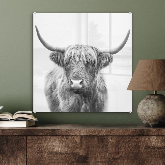 MuchoWow® Peinture sur verre 50x50 cm - Peinture sur verre - Highlander écossais - Animaux - Cornes - Zwart et blanc - Photo sur verre acrylique - Peintures