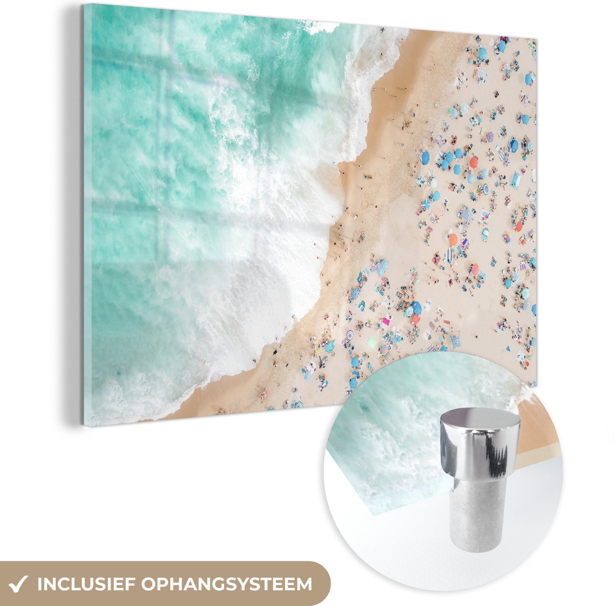 MuchoWow® Glasschilderij 150x100 cm - Schilderij acrylglas - Zee - Strand - Parasols - Zomer - Foto op glas - Schilderijen