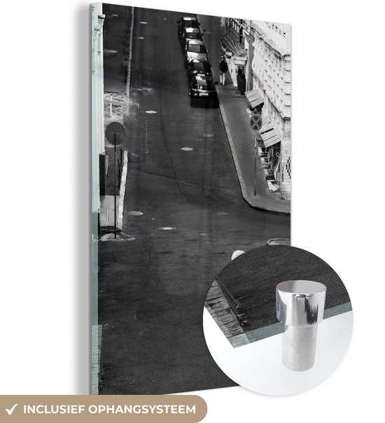 Glasschilderij vrouw - Stad - Lichaam - Zwart wit - Fotografie - Kamer decoratie - Woonkamer - Foto op glas - 80x120 cm - Wanddecoratie glas - Glasplaat