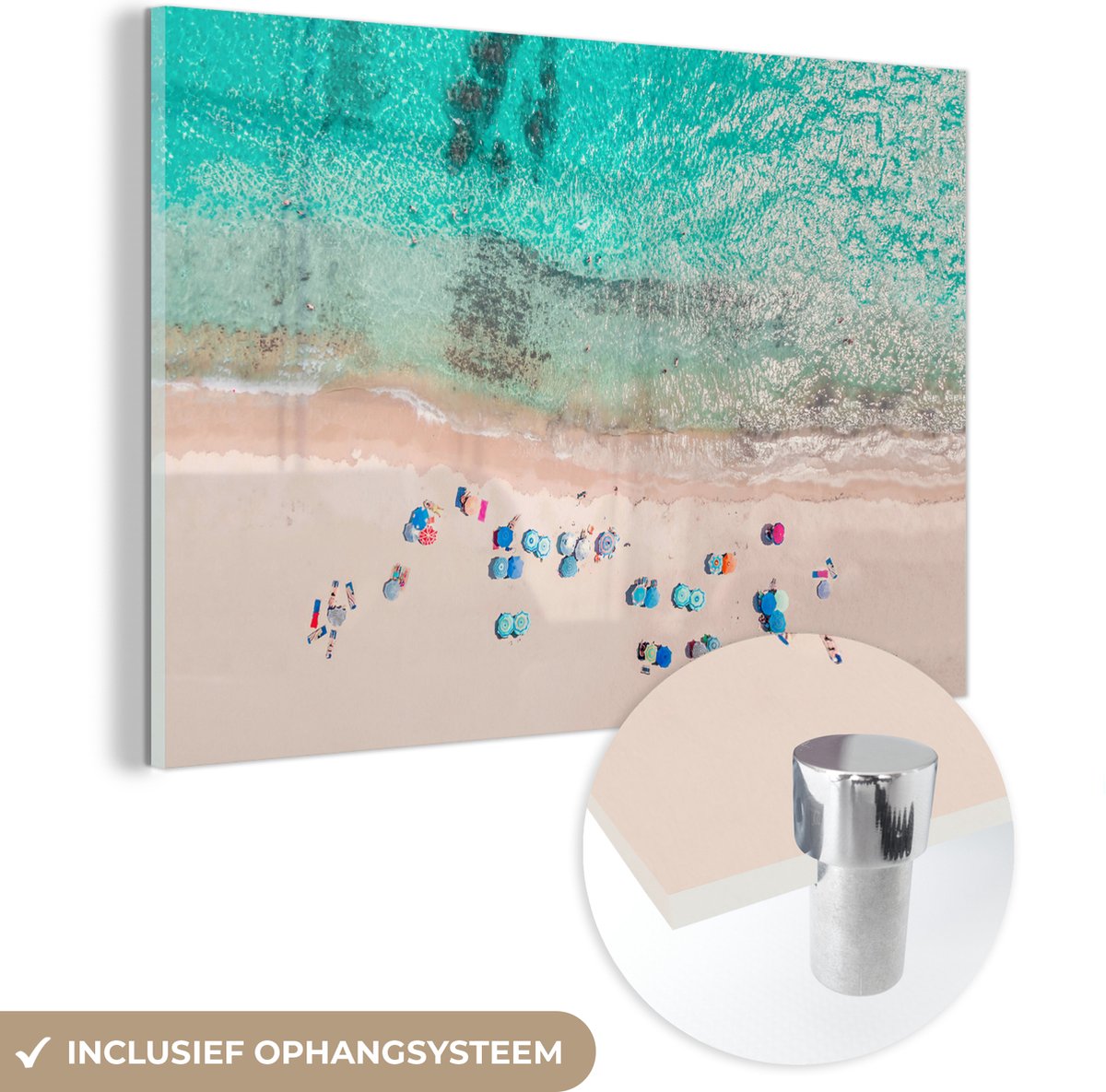MuchoWow® Glasschilderij 120x80 cm - Schilderij acrylglas - Zee - Strand - Zomer - Parasol