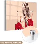 MuchoWow® Peinture sur verre 40x30 cm - Peinture sur verre acrylique - Femme - Portrait - Pastel - Rouge - Photo sur verre - Peintures