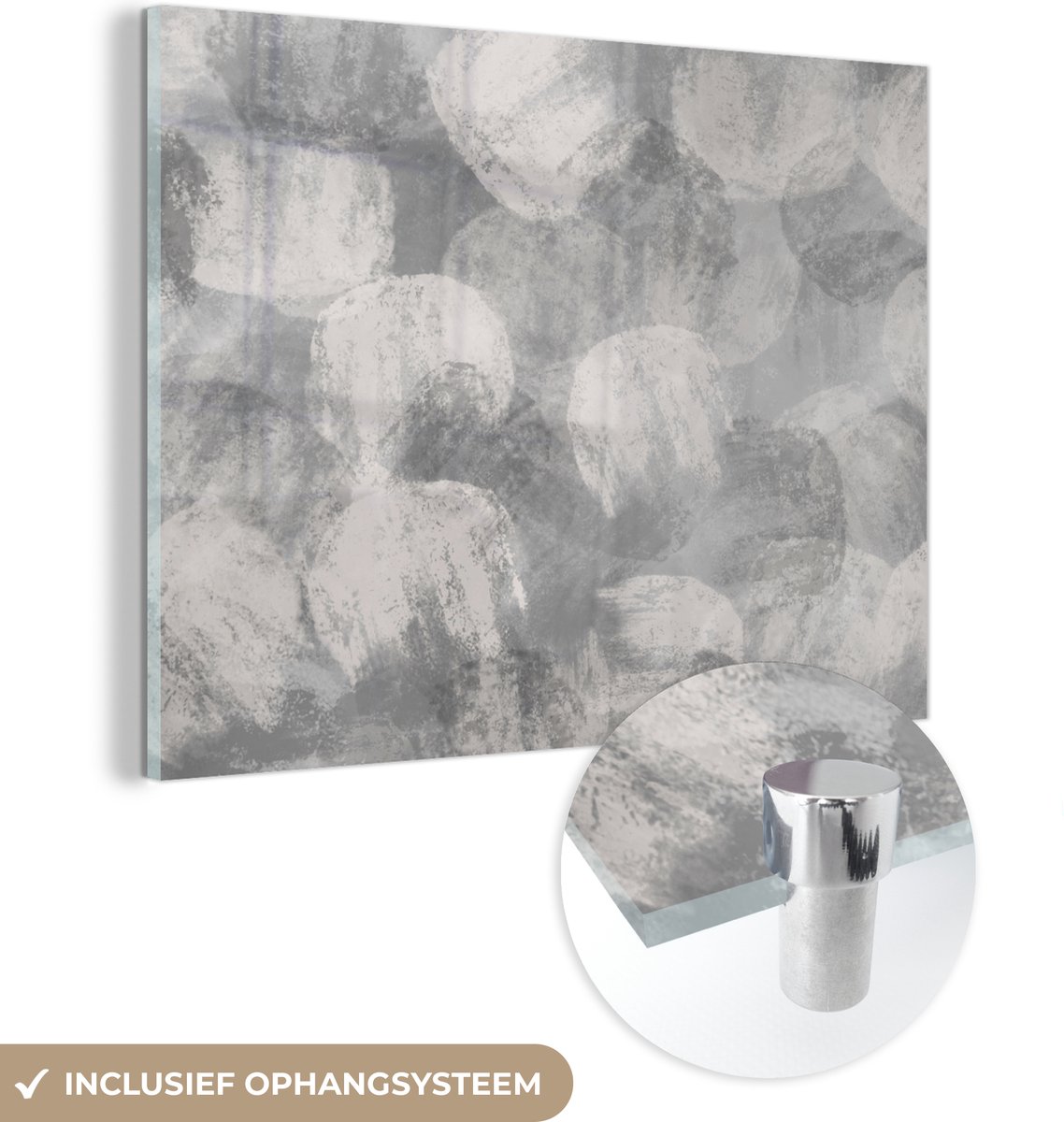 MuchoWow® Glasschilderij 40x30 cm - Schilderij acrylglas - Abstract - Verf - Grijs - Schilderij - Foto op glas - Muurdecoratie woonkamer - Wanddecoratie slaapkamer - Schilderijen