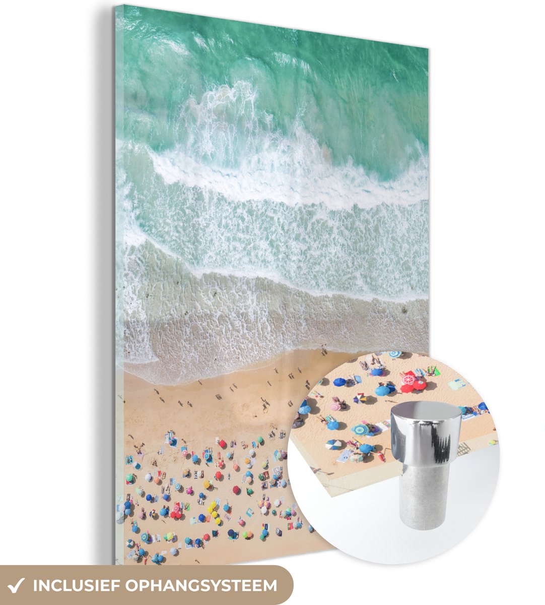MuchoWow® Glasschilderij 90x120 cm - Schilderij acrylglas - Zee - Strand - Parasols - Wate
