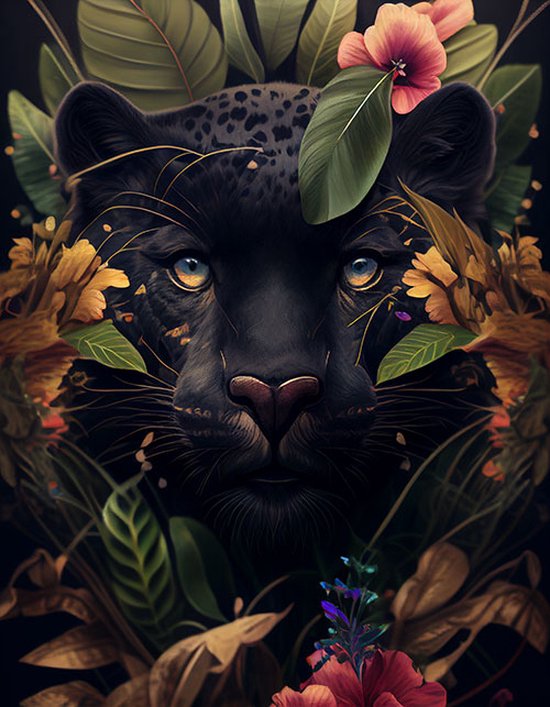 AI - Woondecoratie - Poster - Dieren - Panter - Bloemen en jungle - 20 - 60 x 80 cm