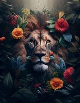 AI - Woondecoratie - Poster - Dieren - Leeuw - Bloemen en jungle - 13 - 50 x 70 cm