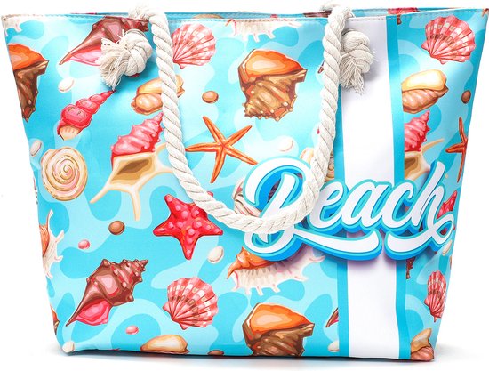 Strandtas met rits - Beach bag - Shopper - zeester - schelpen - lichtblauw - 50 x 36 x 12 cm