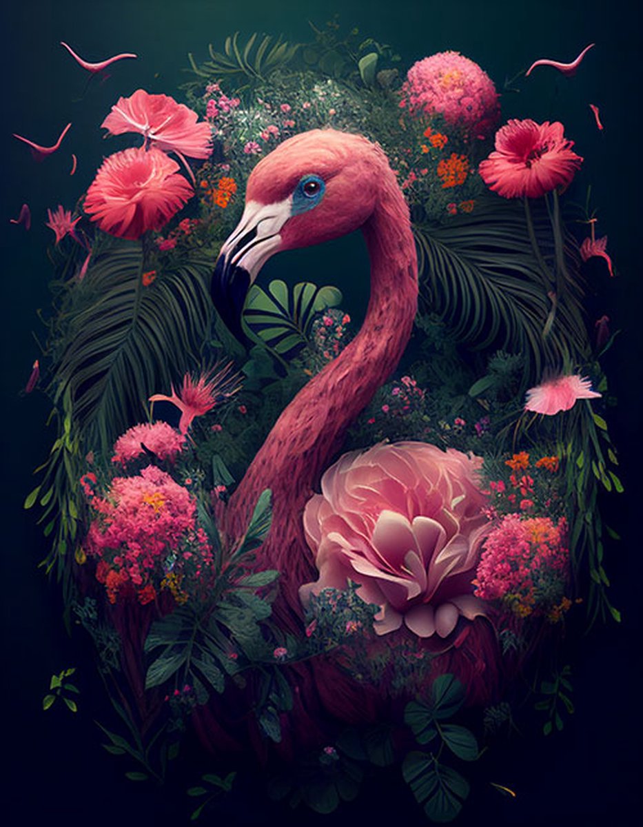 AI - Woondecoratie - Poster - Dieren - Flamingo- Bloemen en jungle - 28 - 60 x 80 cm