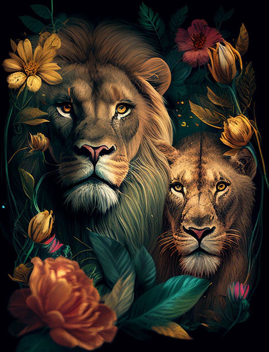 AI - Woondecoratie - Poster - Dieren - Tijger en Leeuw - Bloemen en jungle - 17 - 70 x 100 cm