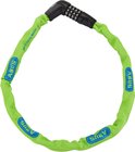 Lichtgroene ABUS kettingslot met blauwe ABUS logo's en een cijferslot, 75cm.