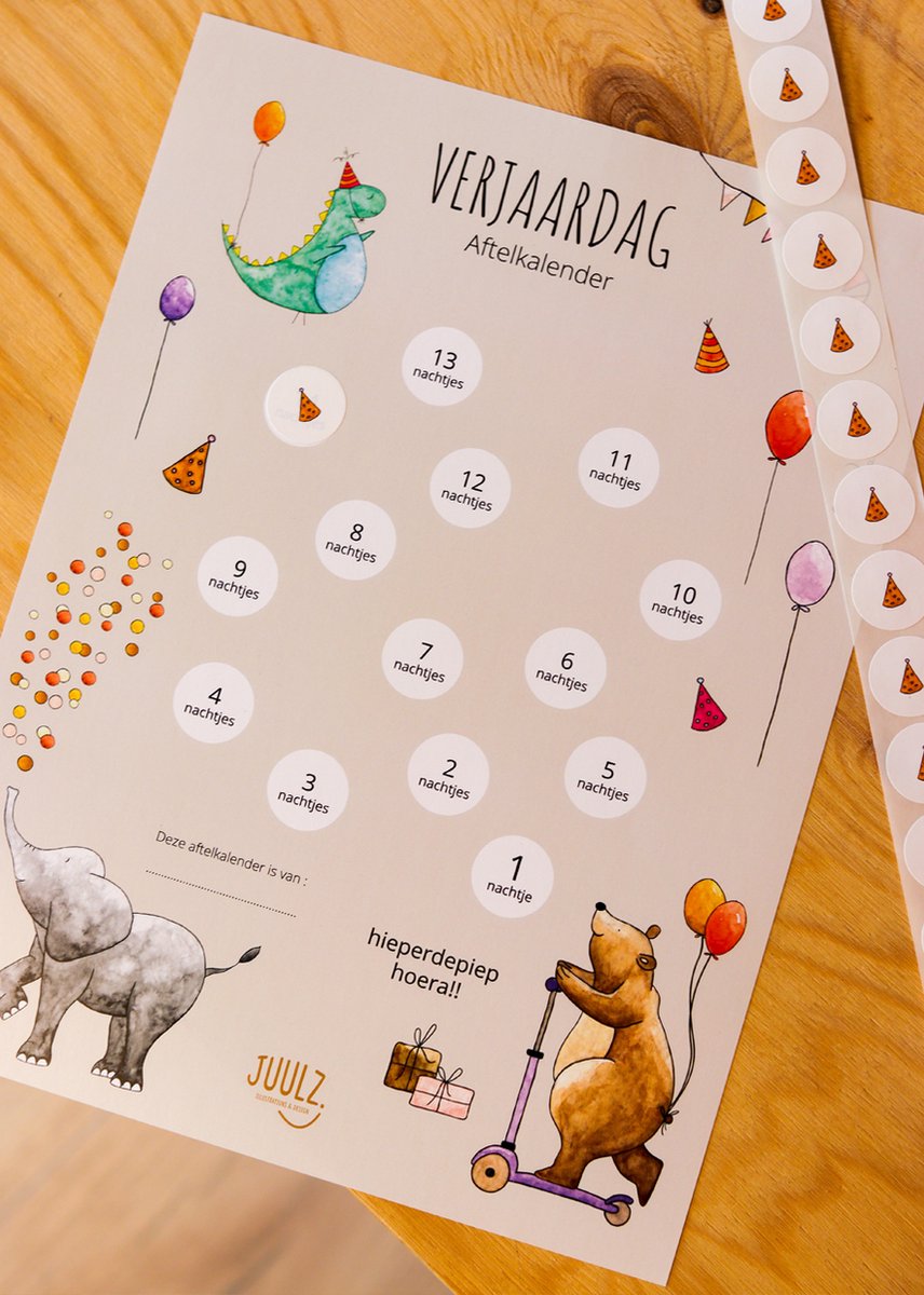 Verjaardag aftelkalender - Juulz illustrations - aftelkalender - aftellen - stickers plakken - aftelkalender verjaardag - Kinderaftelkalender