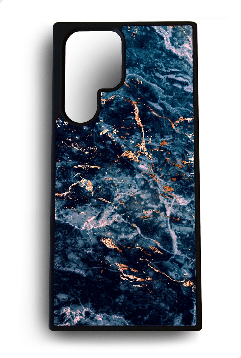 Ako Design Samsung Galaxy S22 Ultra hoesje - Marmer - blauw goud - Hoogglans - TPU Rubber telefoonhoesje - hard backcover