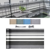 Balkonscherm, ondoorzichtig, wind- en uv-bescherming, weerbestendig, 75/90/120 cm x 600/500/300 cm, met oogjes, nylon kabelbinder en koord, grijs, gestreept