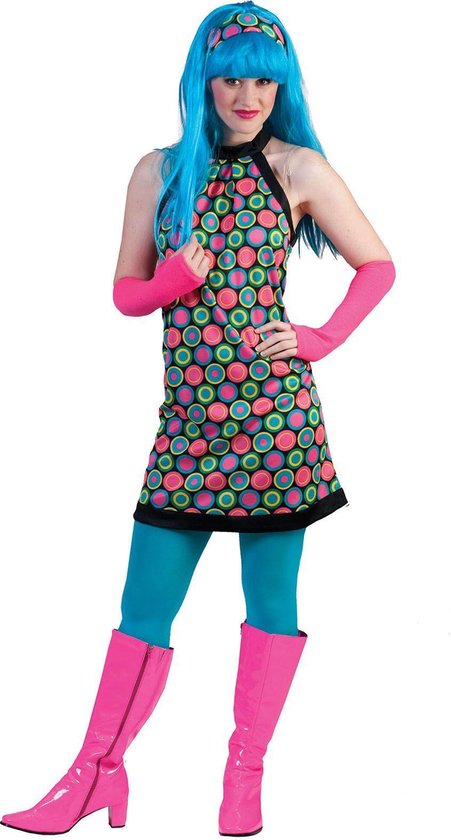 Funny Fashion - Jaren 80 & 90 Kostuum - Disco Dot Jurk Vrouw - multicolor - Maat 40-42 - Carnavalskleding - Verkleedkleding