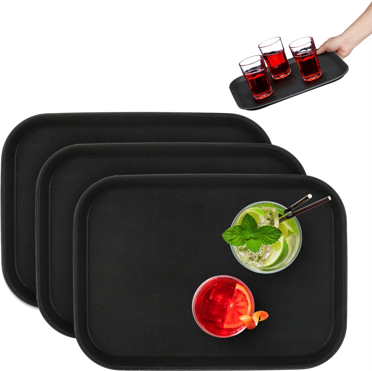 horeca dienblad - set van 3 - rechthoekig - 35 x 25 cm - opstaande rand - zwart