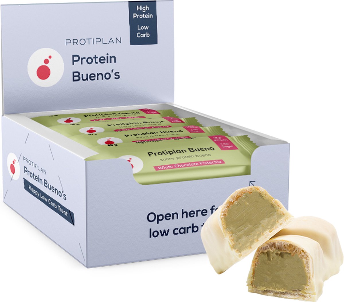 Goedkoopste Protiplan | Bueno Witte Chocolade Pistache | 12 Stuks | 12 x 40 gram | Low carb snack | Eiwitrepen | Koolhydraatarme sportvoeding | Afslanken met Proteïne repen | Snel afvallen zonder hongergevoel!
