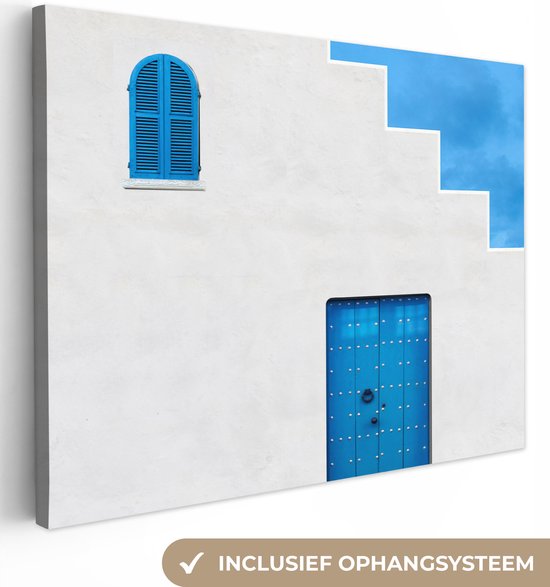 Canvas Schilderij Huis - Blauw - Wit - Deur - 40x30 cm - Wanddecoratie