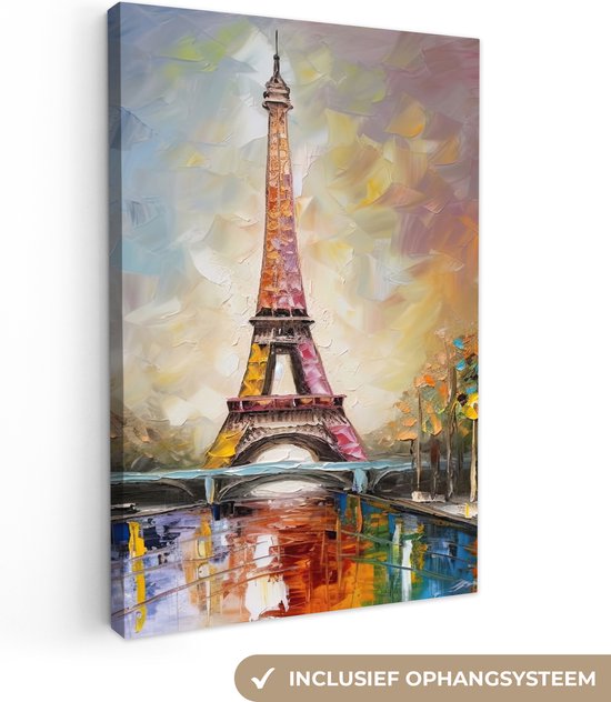 Canvas schilderij 120x180 cm - Wanddecoratie Eiffeltoren - Schilderij - Olieverf - Parijs - Muurdecoratie woonkamer - Slaapkamer decoratie - Kamer accessoires - Schilderijen